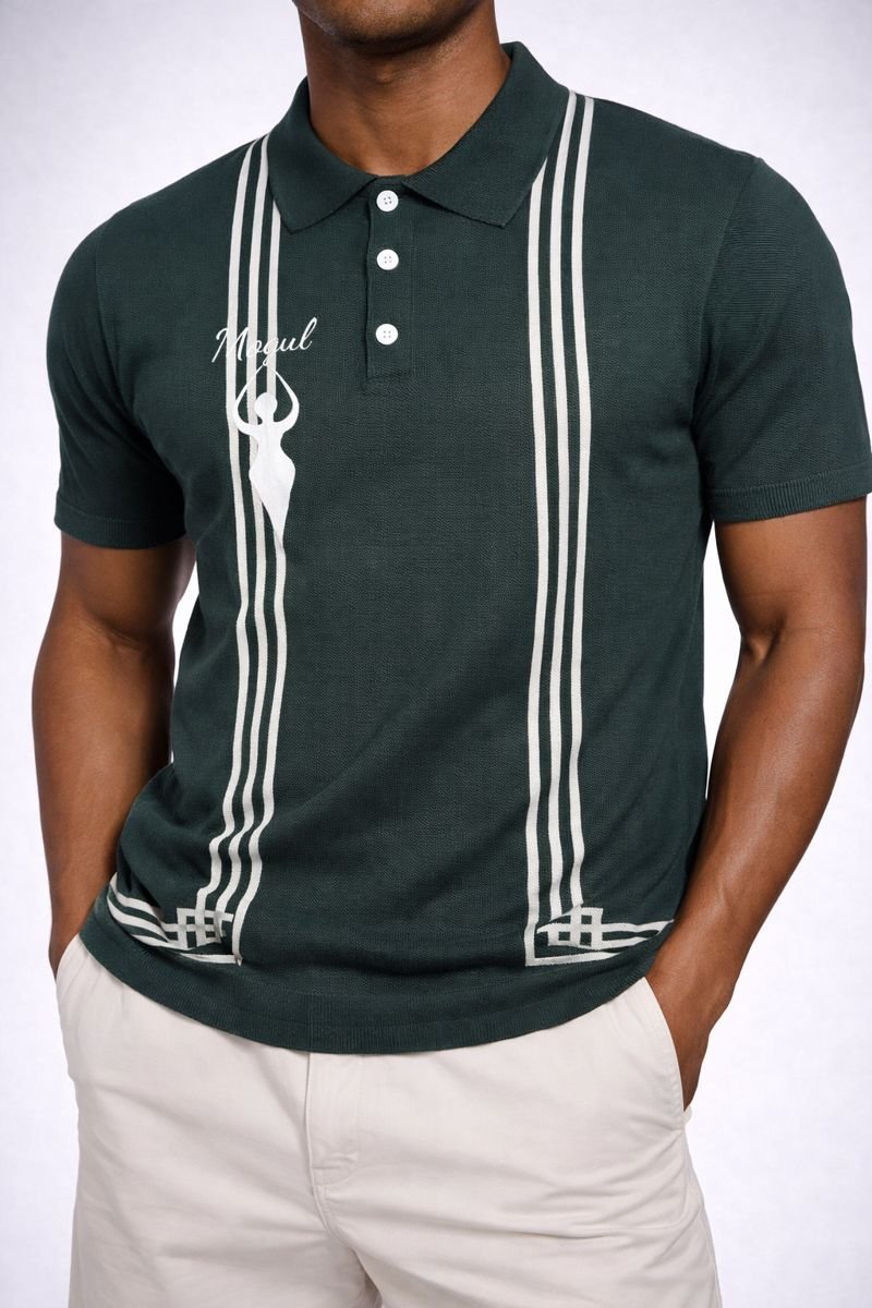 ChatGPT Image Jan 26, 2026, 09_28_45 PM Mogulgus Emerald Green Geometric Striped Knit Polo - Image 1